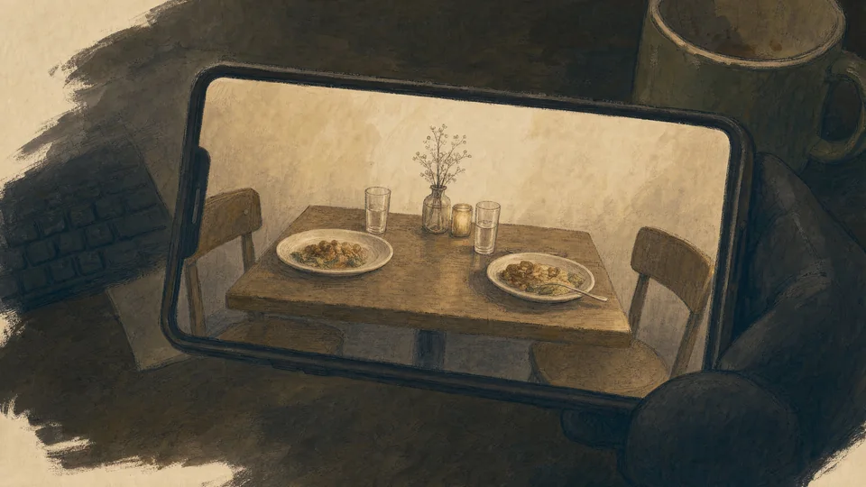 An old photograph holds two dinners and an empty place opposite Sol.