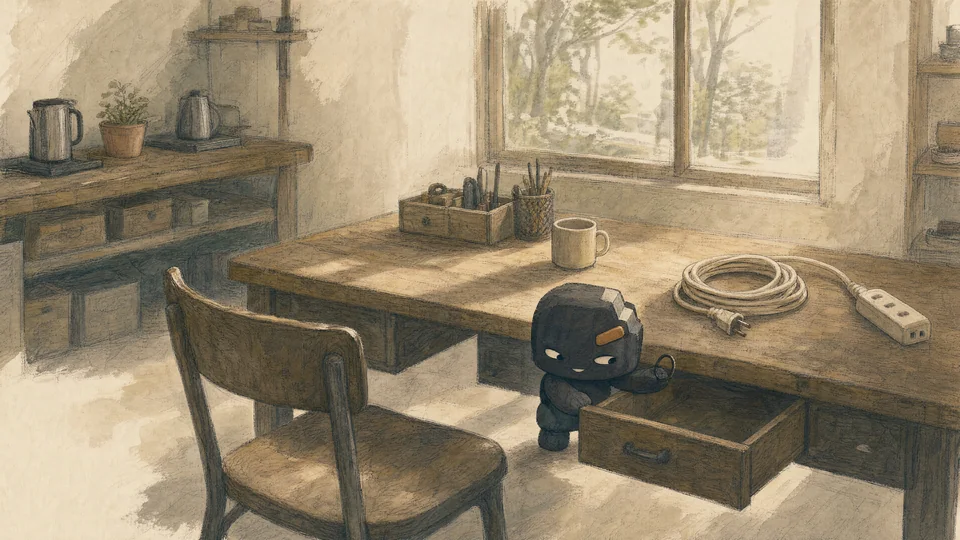 Bal puts Mira's forgotten hair tie safely in the drawer beside her table.